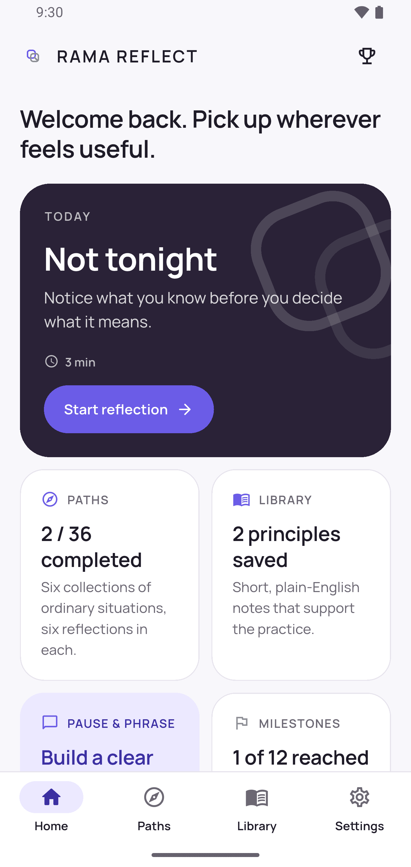 The app's home screen, showing today's reflection and a progress summary.