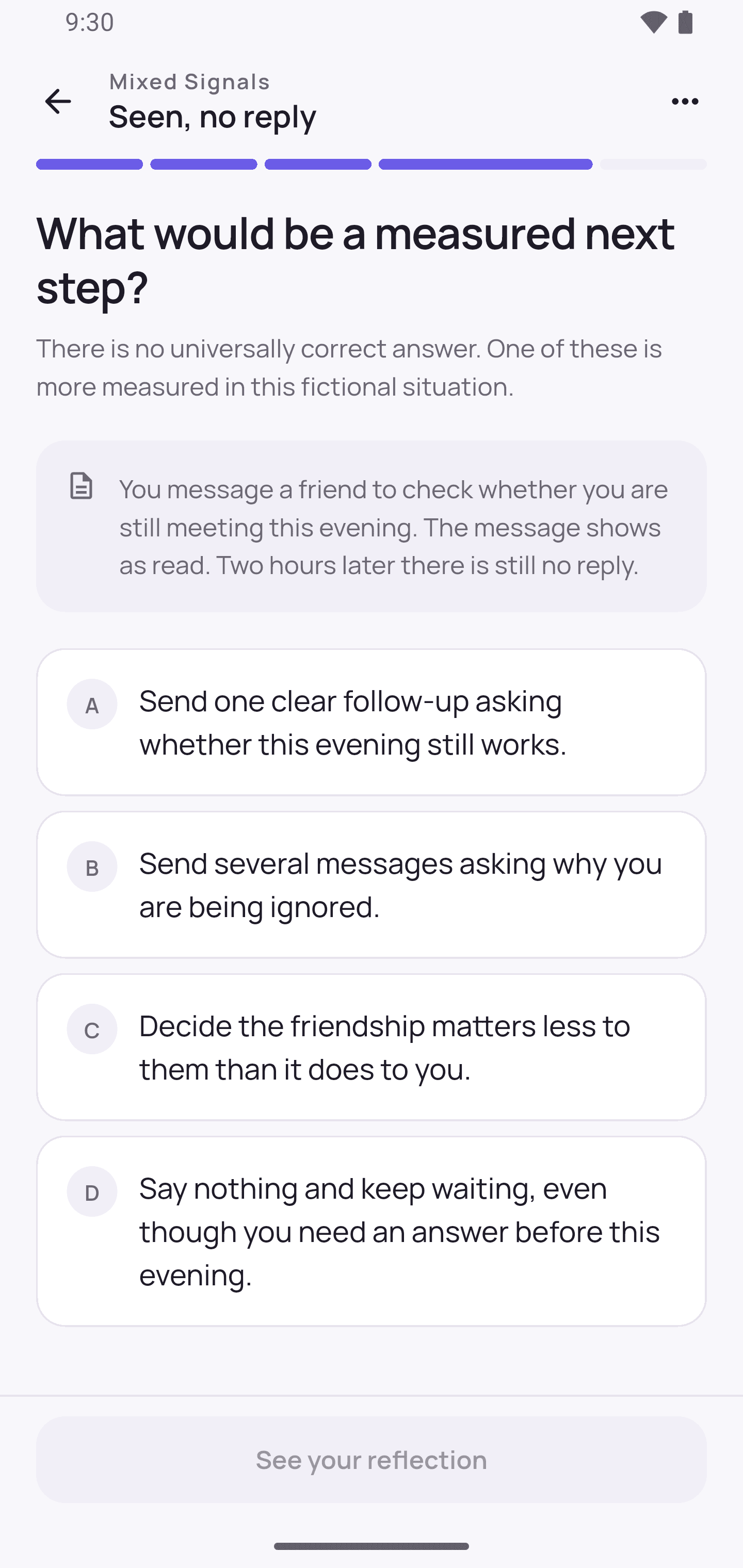 The Choose step, listing possible next steps with what each tends to do.
