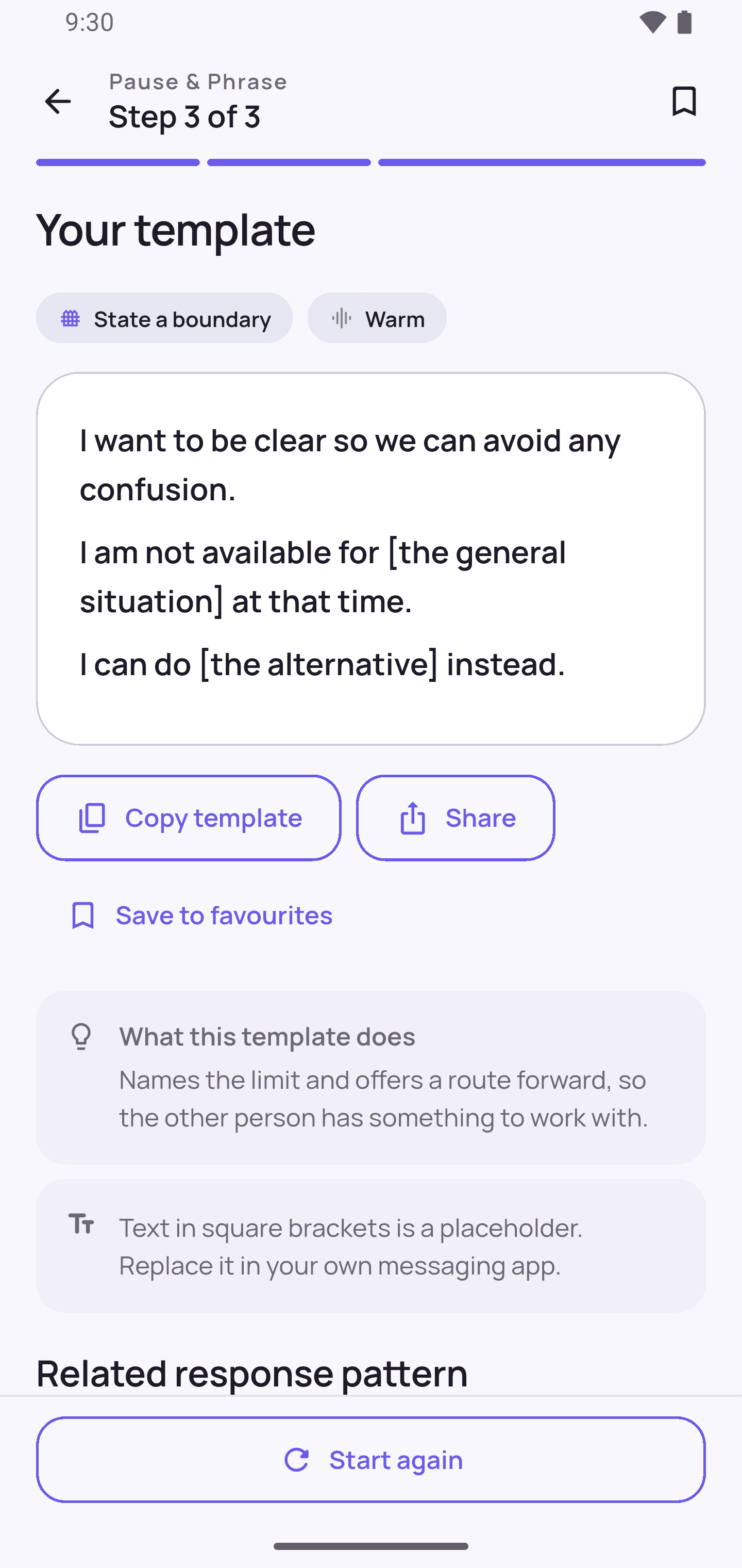 The Pause & Phrase builder, showing a composed sentence for a chosen intent and tone.